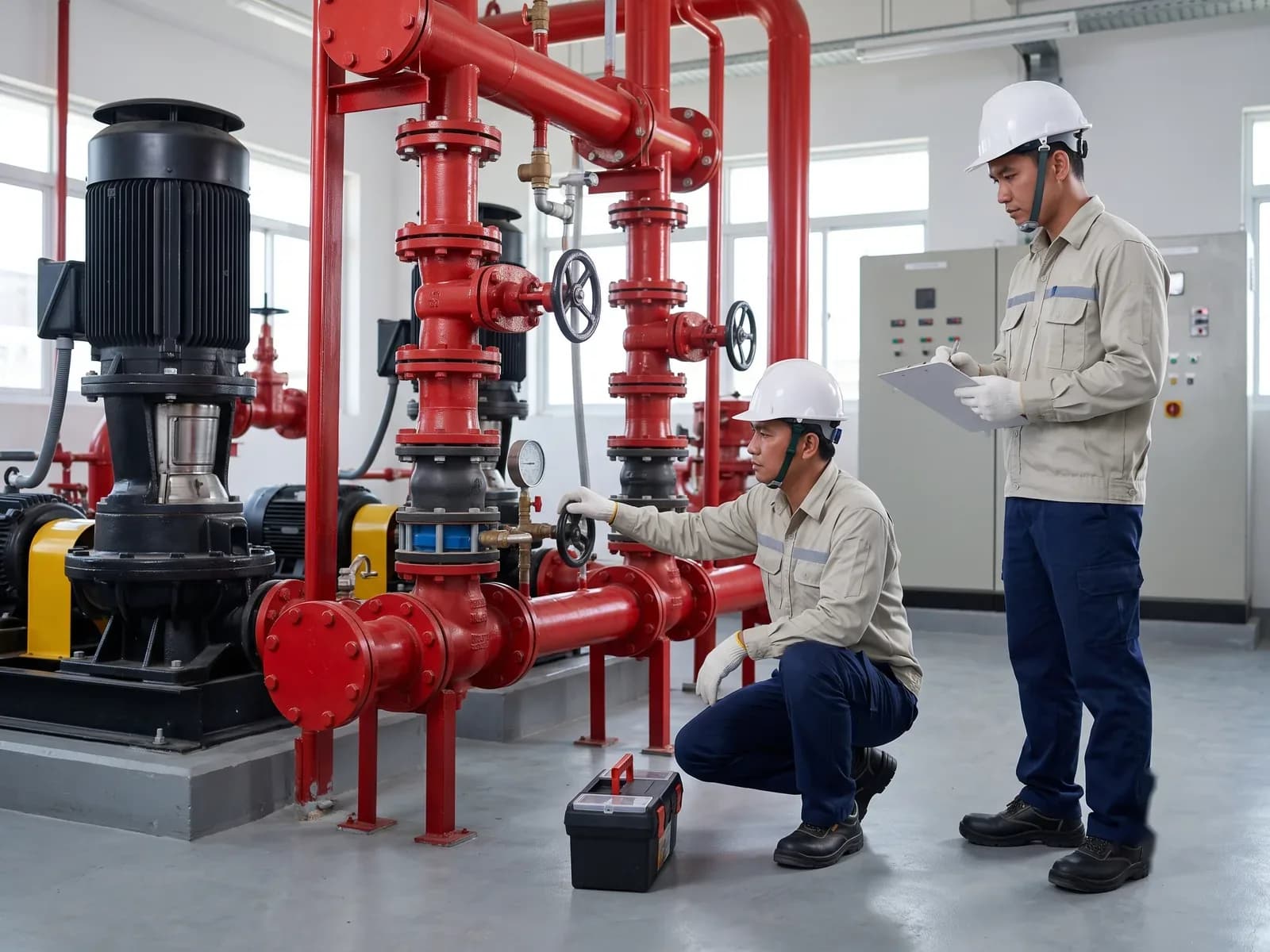 Kỹ thuật viên kiểm tra van tại cụm máy bơm chữa cháy, đồng nghiệp ghi biên bản bảo trì