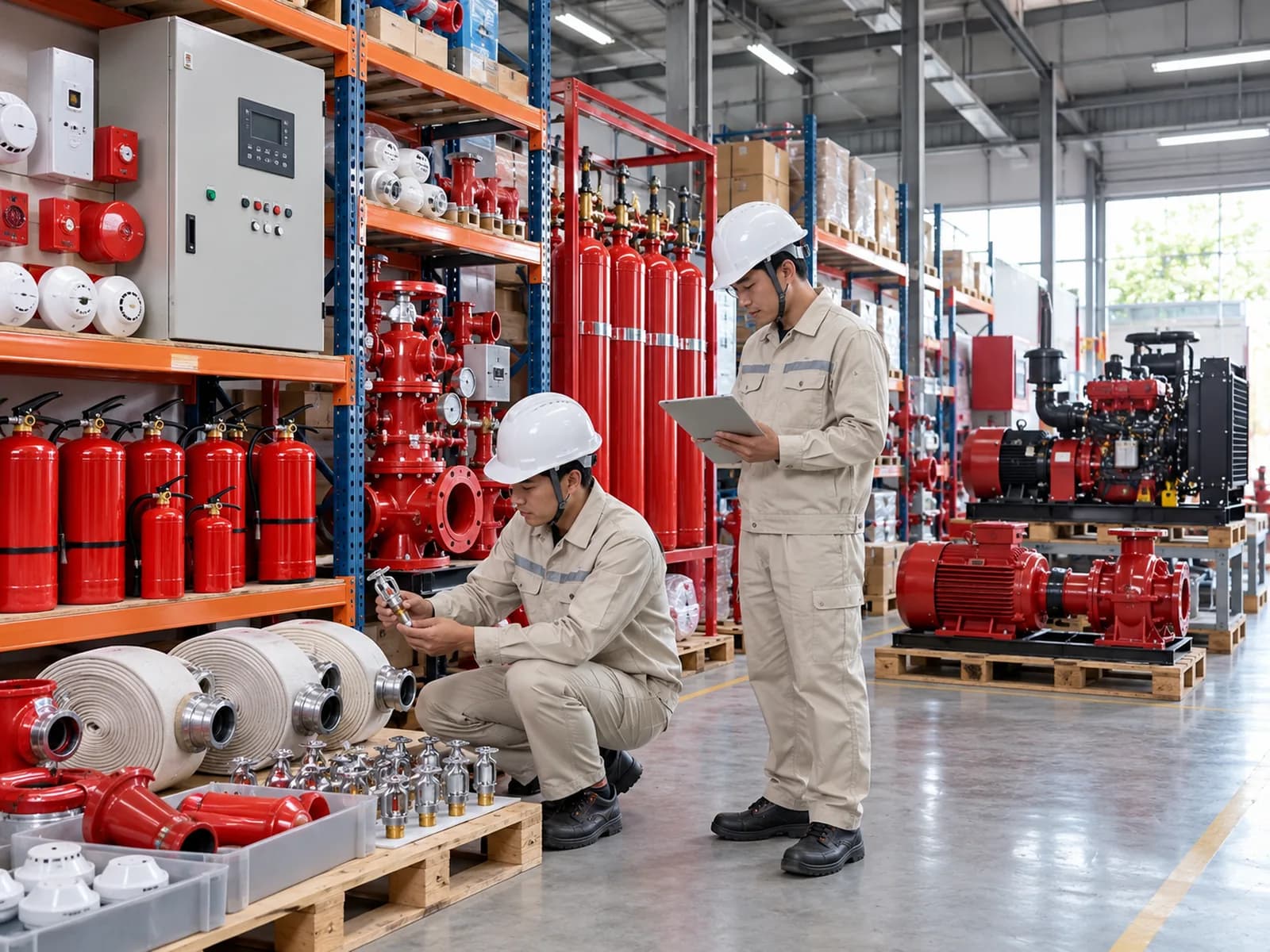 Hai kỹ thuật viên kiểm tra thiết bị PCCC trong kho: bình chữa cháy, cuộn vòi, đầu phun và tủ điều khiển