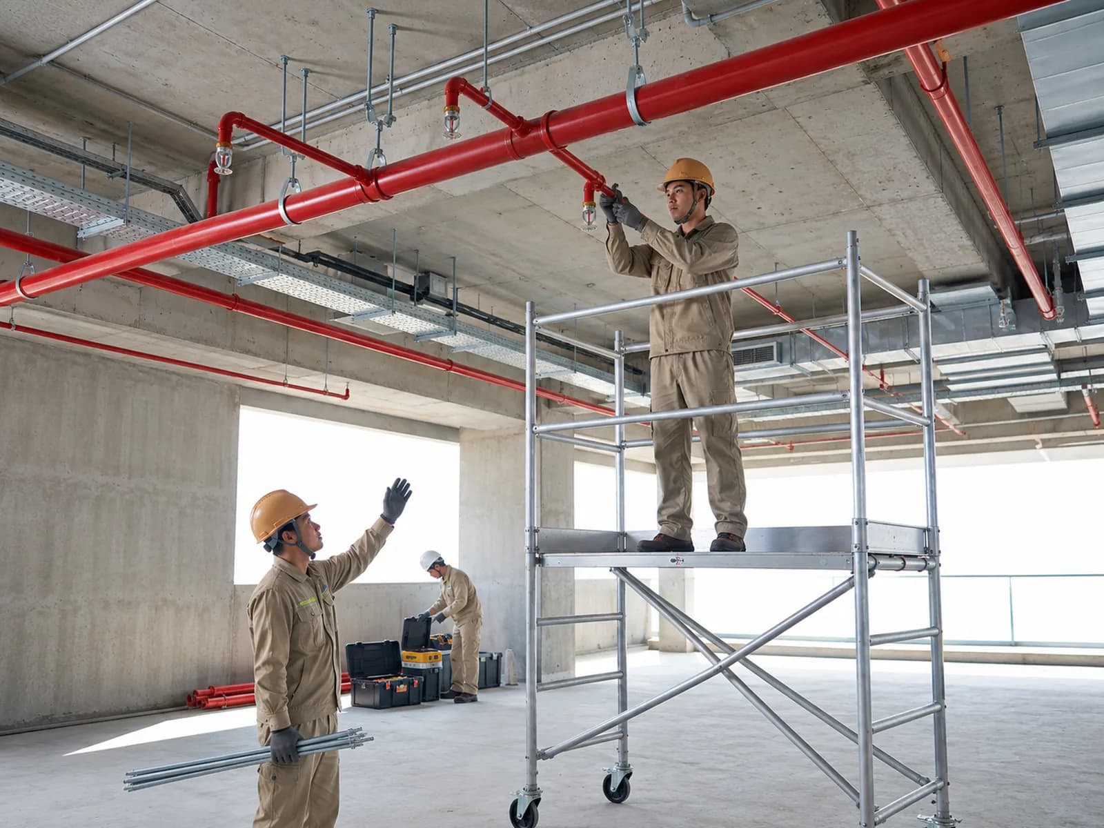 Kỹ thuật viên đứng trên giàn giáo lắp đầu phun Sprinkler vào đường ống chữa cháy dưới trần