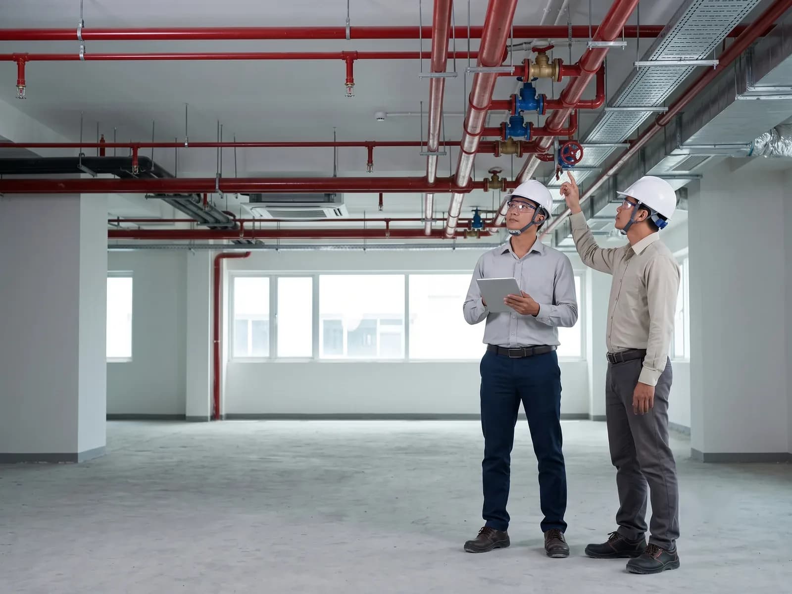 Hai kỹ sư giám sát kiểm tra cụm van trên đường ống chữa cháy đã lắp đặt trong toà nhà