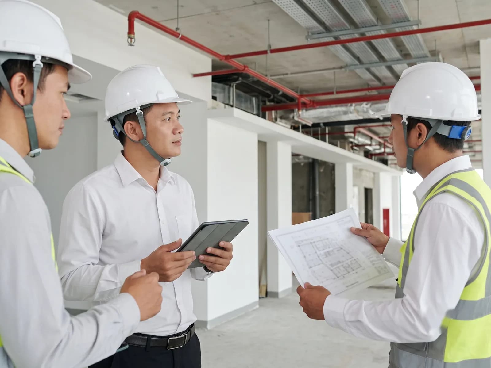 Ba kỹ sư PCCC trao đổi tại công trình, một người cầm máy tính bảng, một người cầm bản vẽ mặt bằng