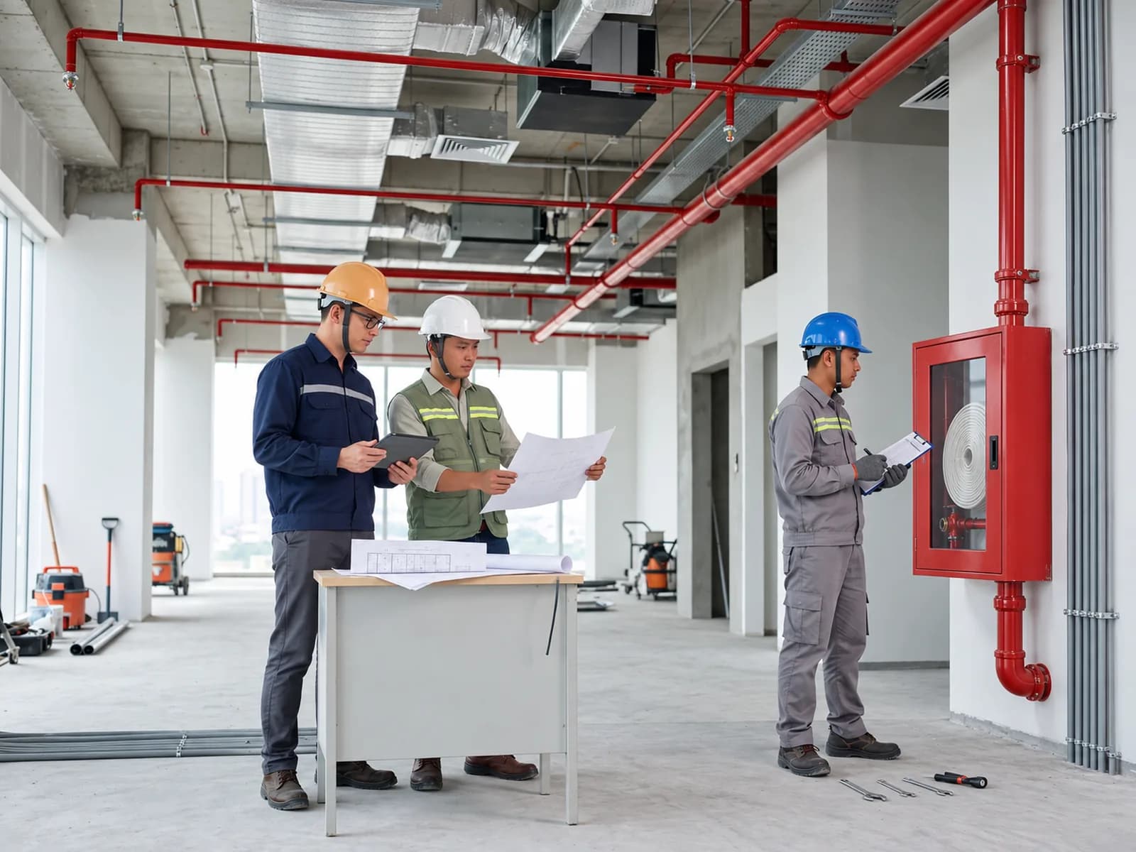 Kỹ sư và kỹ thuật viên PCCC làm việc tại một công trình: xem bản vẽ trên bàn và kiểm tra tủ chữa cháy vách tường